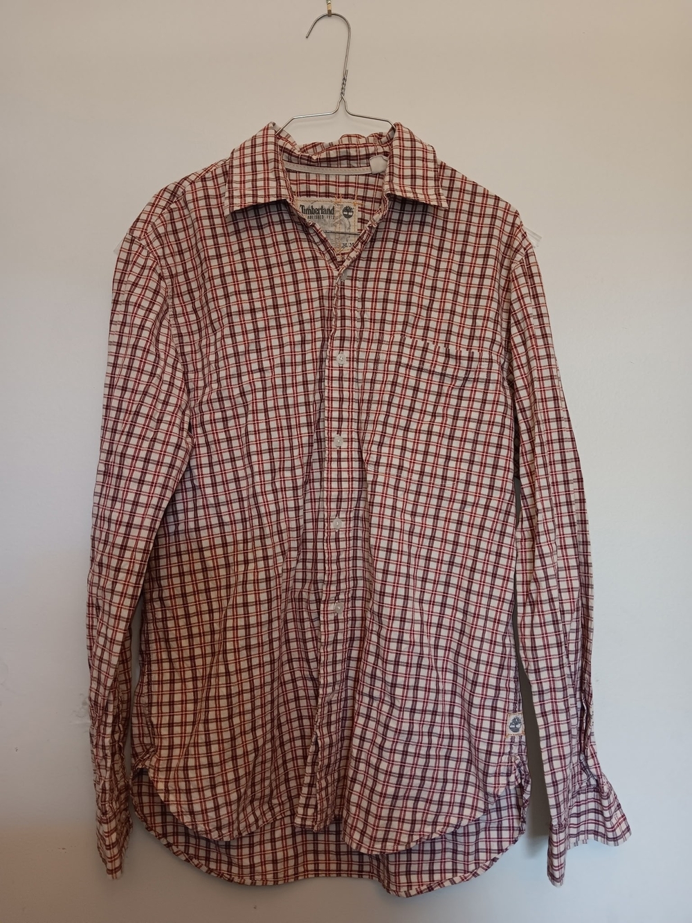 Timberland Men's Red and Cream Plaid Button-Down Shirt ( Price Is Firm)